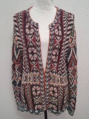 Peruvian Connection Women's Multi-Color Abstact-Aztec Open-Front Sweater XL